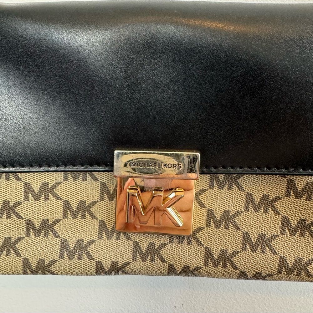 Michael Kors Crossbody Bag Black Brown MK Logo Leather Gold Chain Shoulder Bag - Picture 5 of 11